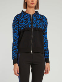 Black and Blue Mid Frill Leopard Panel Hooded Sweatshirt