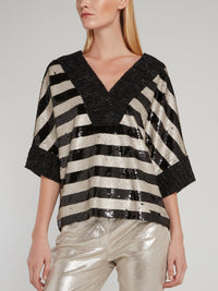 Sequin Embellished Striped Frayed Top