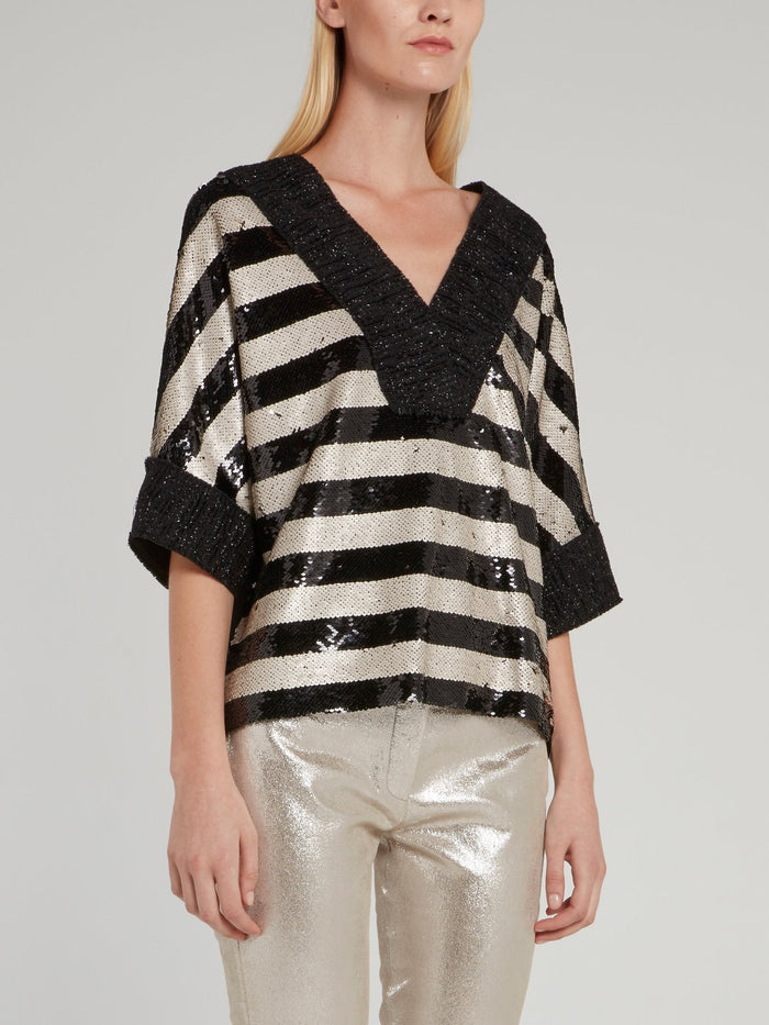 Sequin Embellished Striped Frayed Top