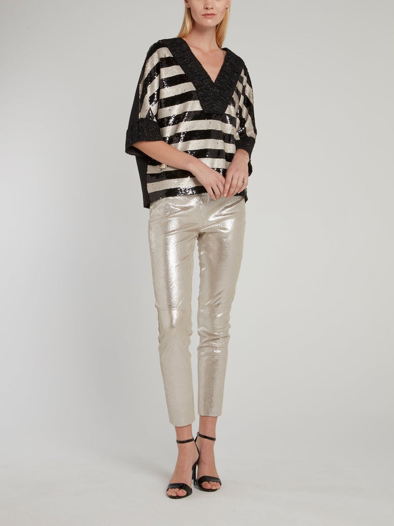 Sequin Embellished Striped Frayed Top