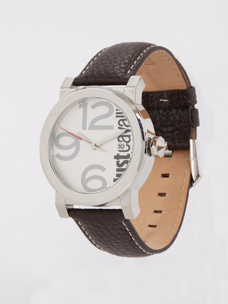 White Dial with Brown Leather Strap Logo Watch