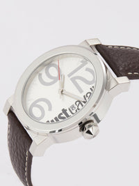 White Dial with Brown Leather Strap Logo Watch