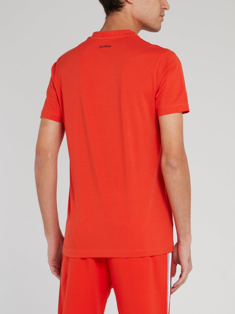 Orange Sport Print V-Neck T-Shirt