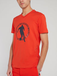 Orange Sport Print V-Neck T-Shirt