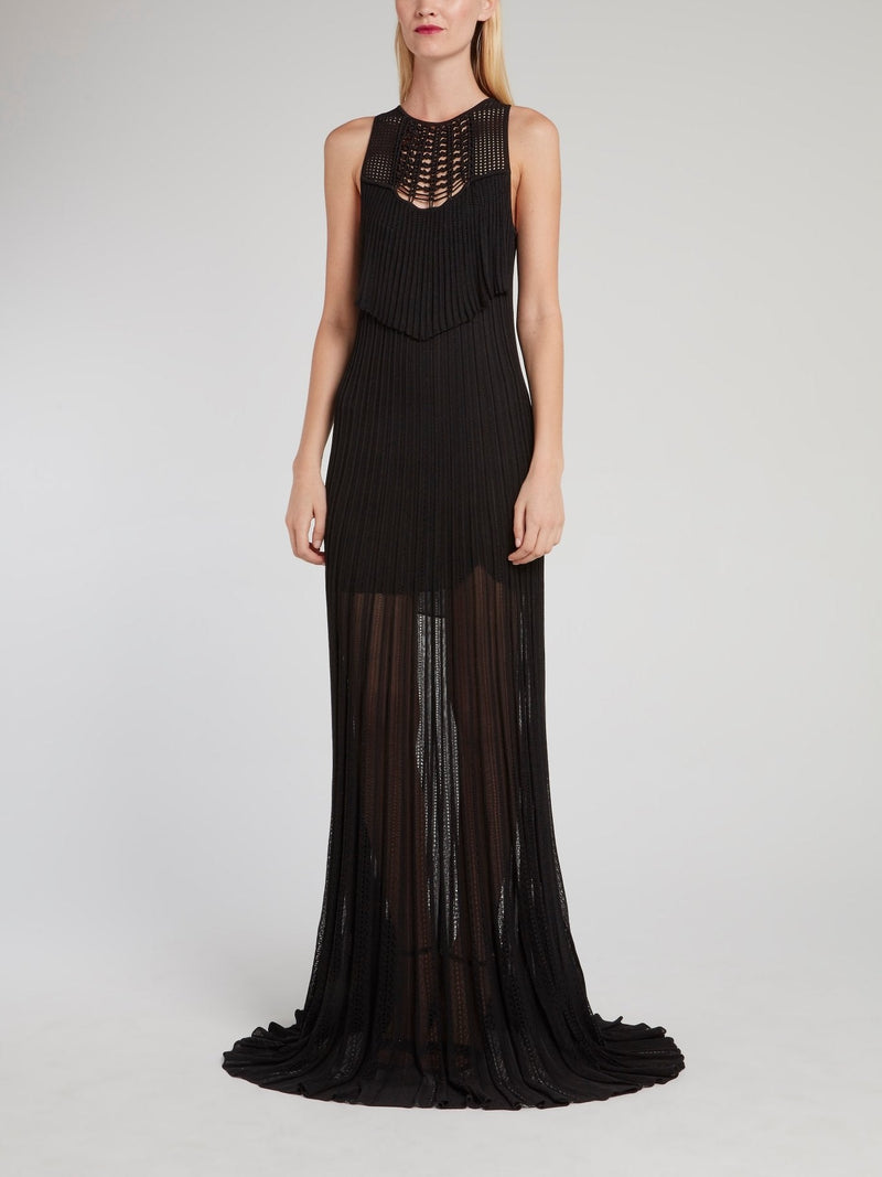 Black Pleated Sleeveless Lace Maxi Dress