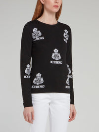 Black Monogram Print Knitted Sweatshirt