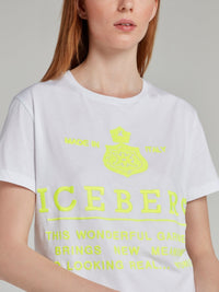 White with Neon Logo Embroidered T-Shirt