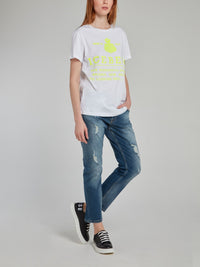 White with Neon Logo Embroidered T-Shirt