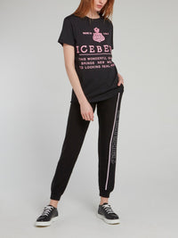 Black with Pink Logo Embroidered T-Shirt