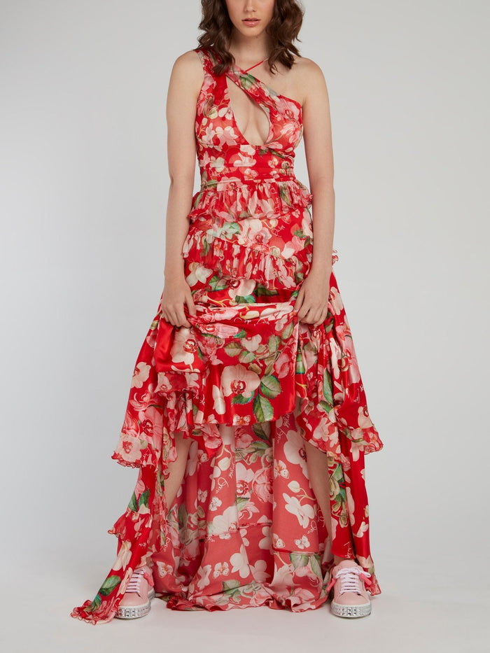 Red Floral Tiered Frill Maxi Dress