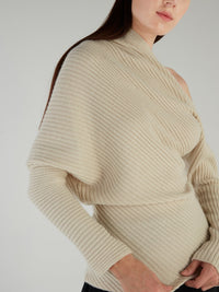 Beige One-Shoulder Ribbed Sweater