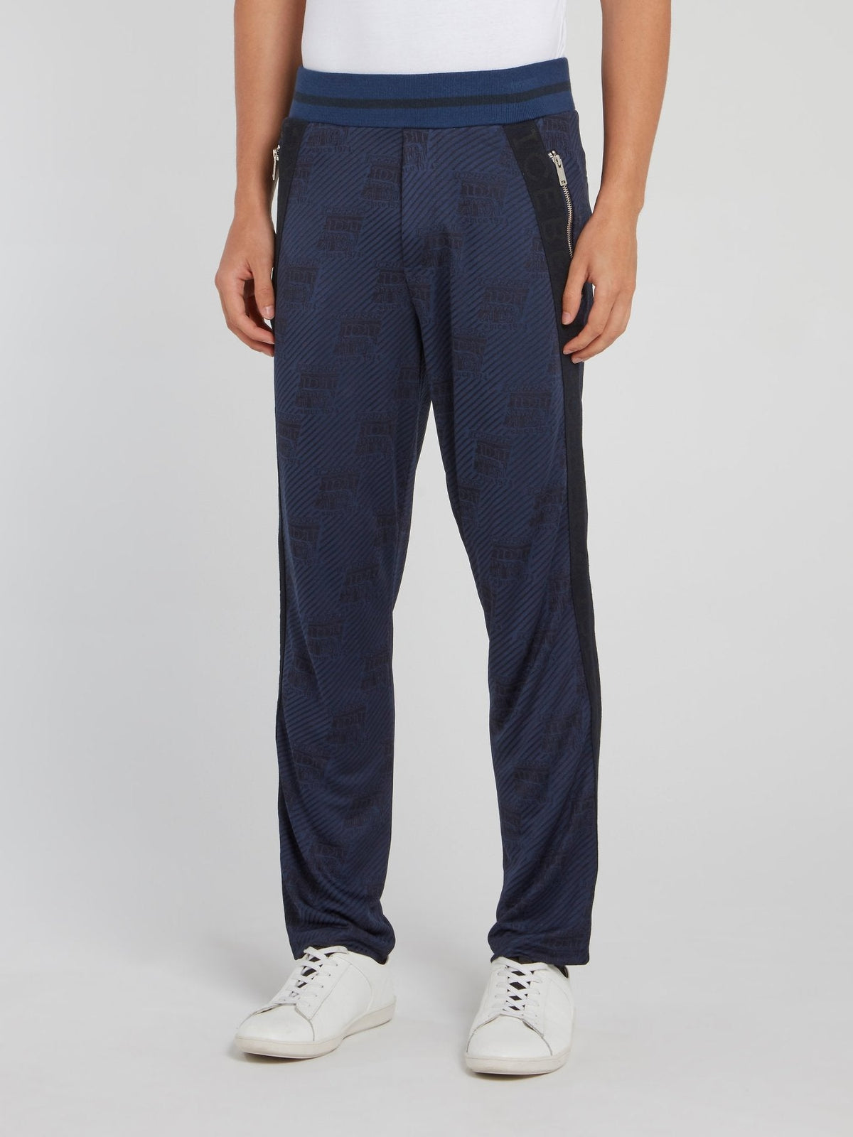 Navy Ribbed Waistband Side Stripe Pants