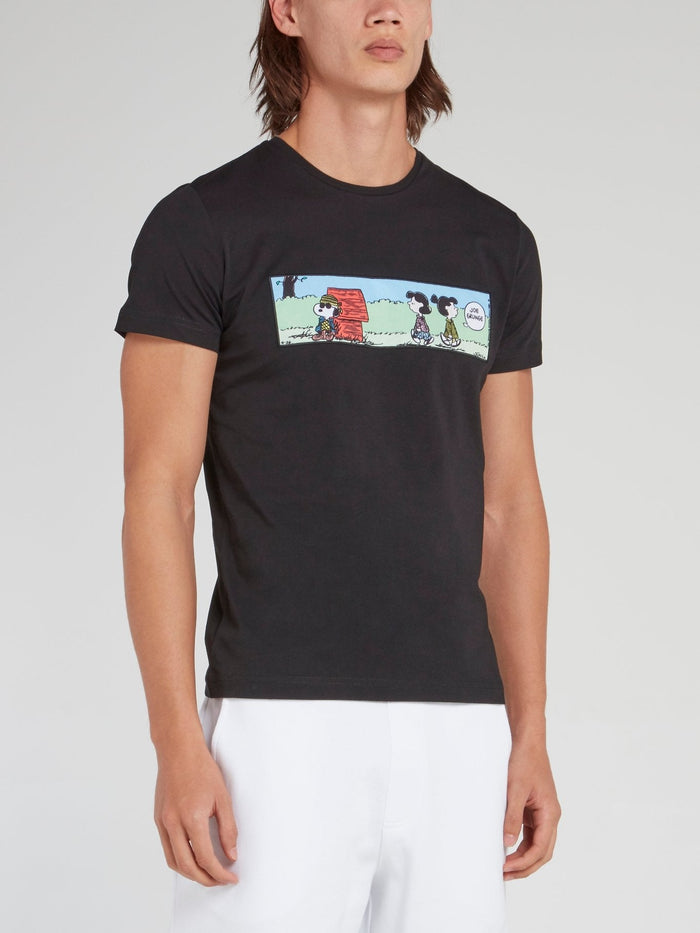 Black Snoopy Comic Print Cotton T-Shirt