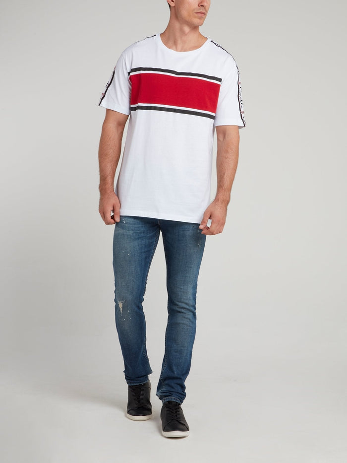 White Logo Shoulder Stripe Jersey T-Shirt