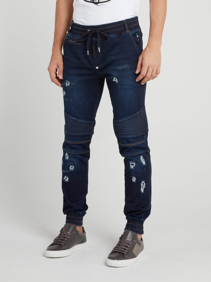 Navy Distressed Biker Trousers