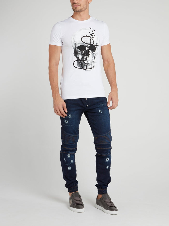 Navy Distressed Biker Trousers