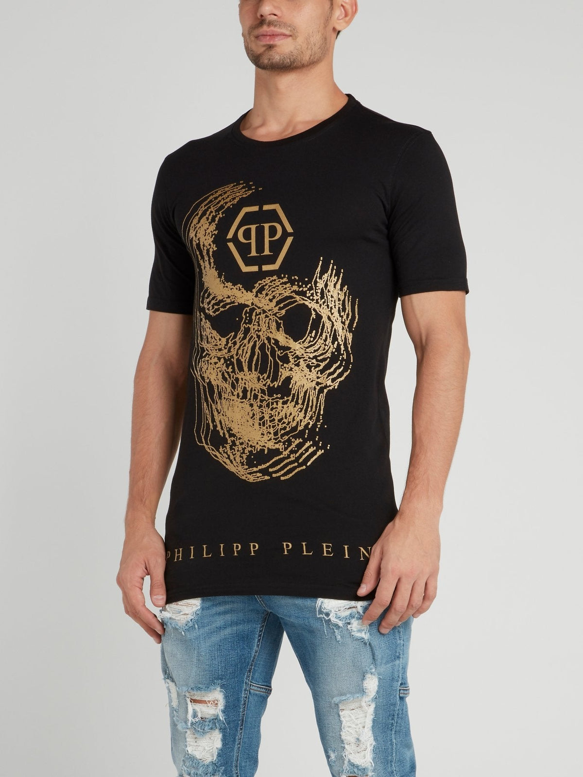 Black Half Sleeve Skull Print T-Shirt