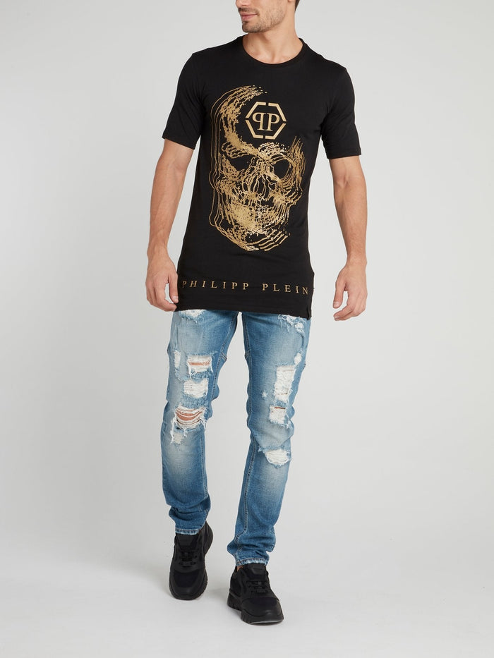 Black Half Sleeve Skull Print T-Shirt