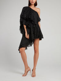 Black Asymmetric Polka Dot Mini Dress