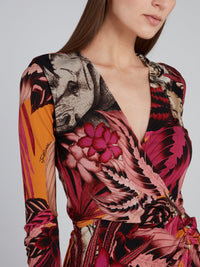 Pink Tropical Print Wrap Dress