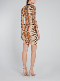 Beige Python Print Plunge Dress