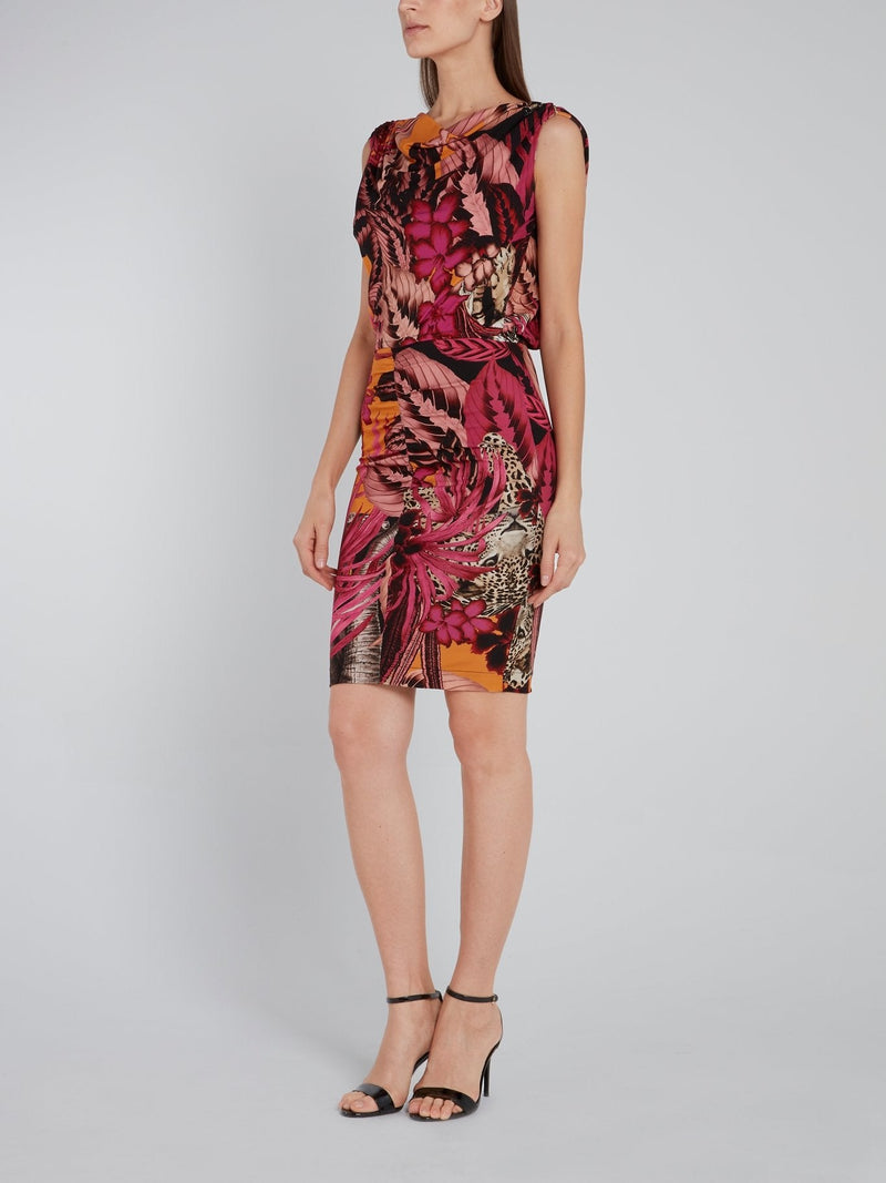 Tropical Print Draped Mini Dress