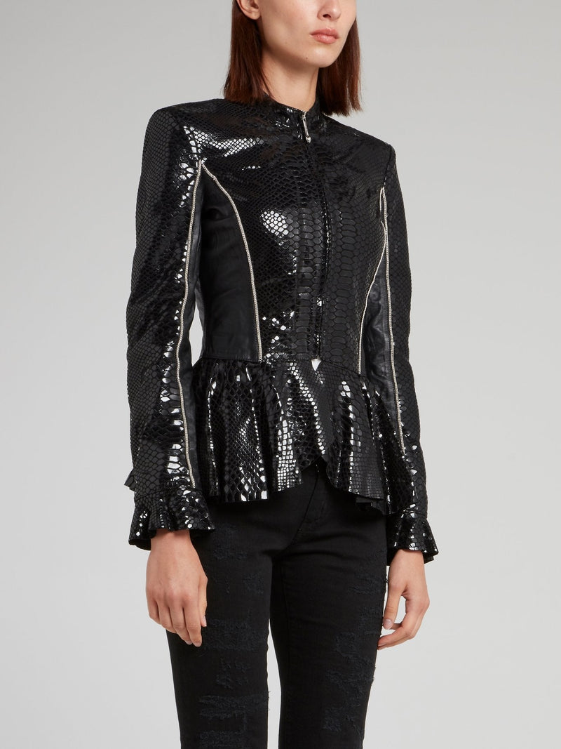 Snake Effect Peplum Leather Jacket