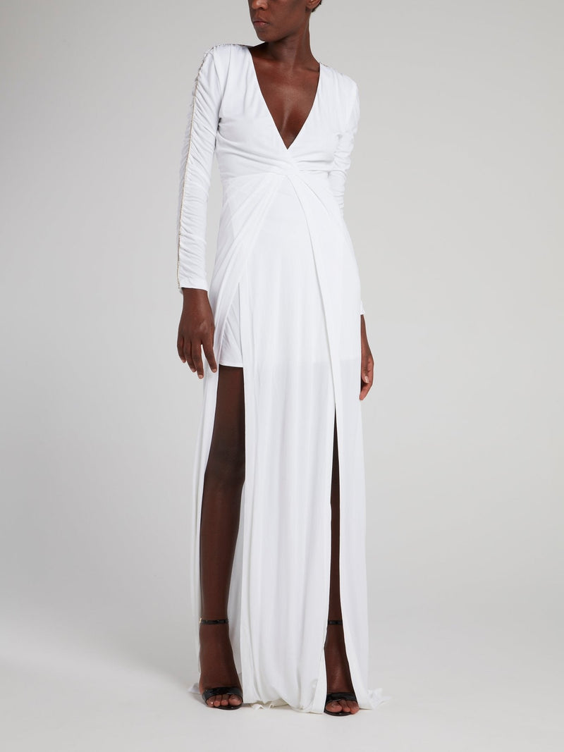 White Ruched Sleeve Maxi Dress