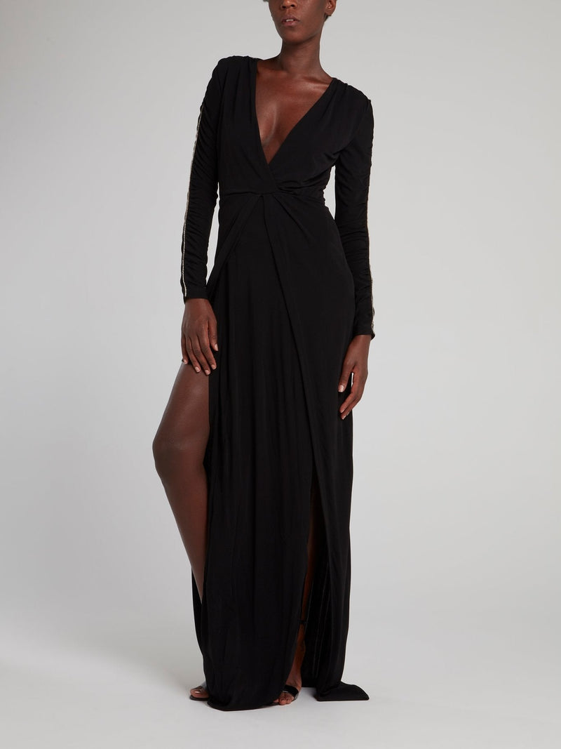 Black Ruched Sleeve Maxi Dress