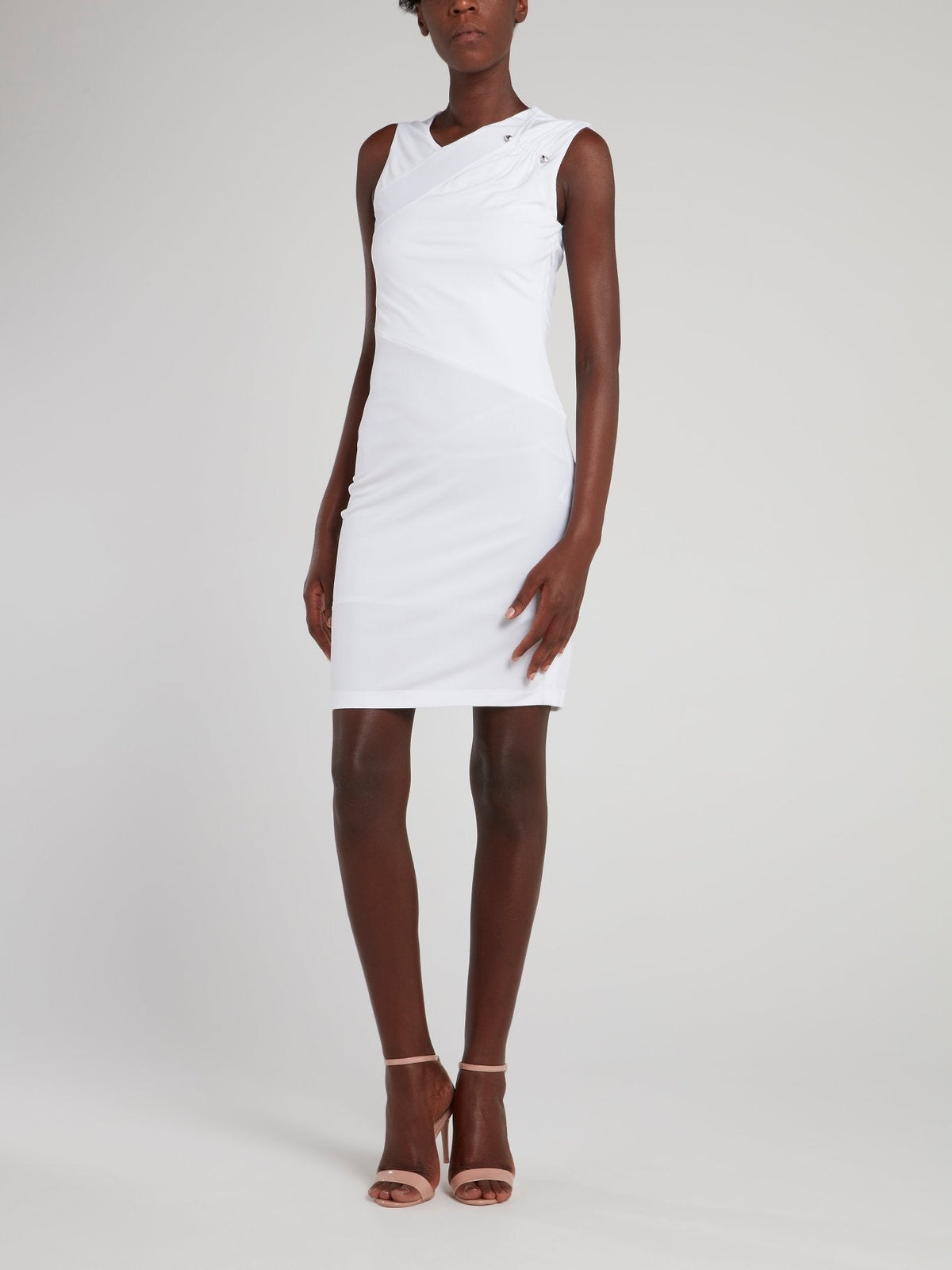 White Ruched Shoulder Sheath Dress