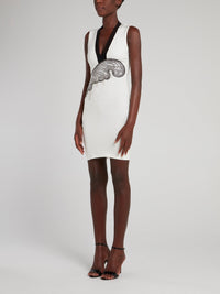 White Feather Detail Plunge Dress