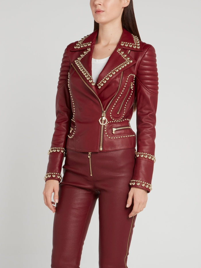 Denetra Embellished Leather Biker Jacket