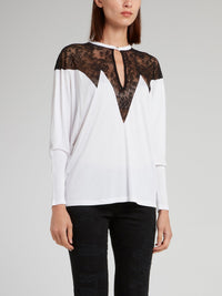 White Lace Panel Keyhole Top