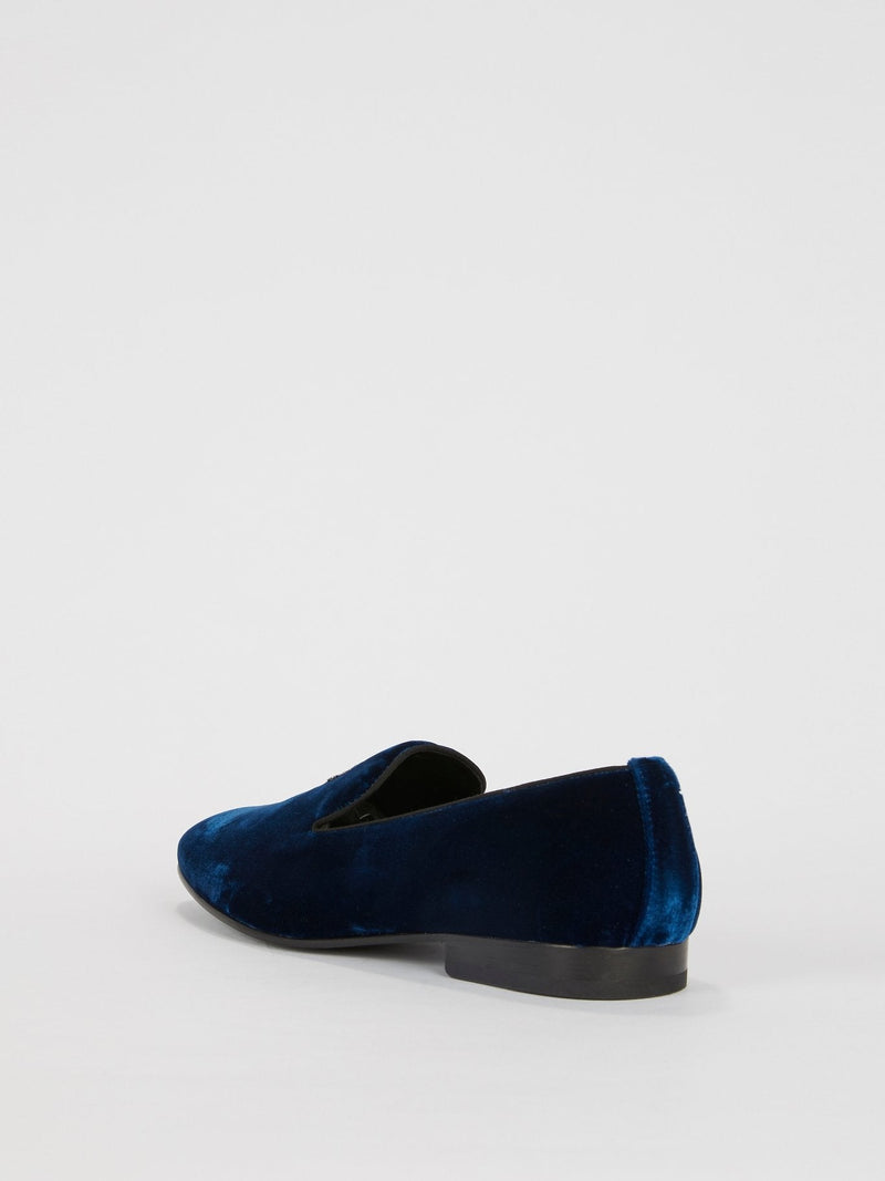 Navy Velvet Monogram Loafers