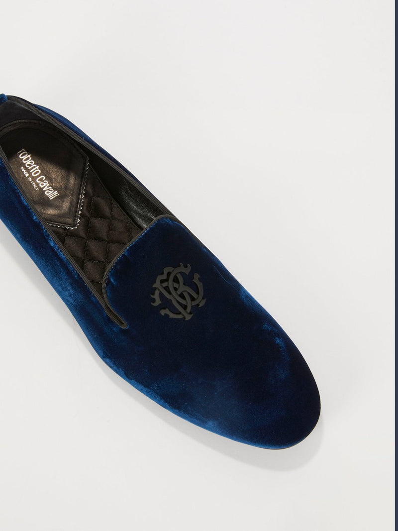 Navy Velvet Monogram Loafers