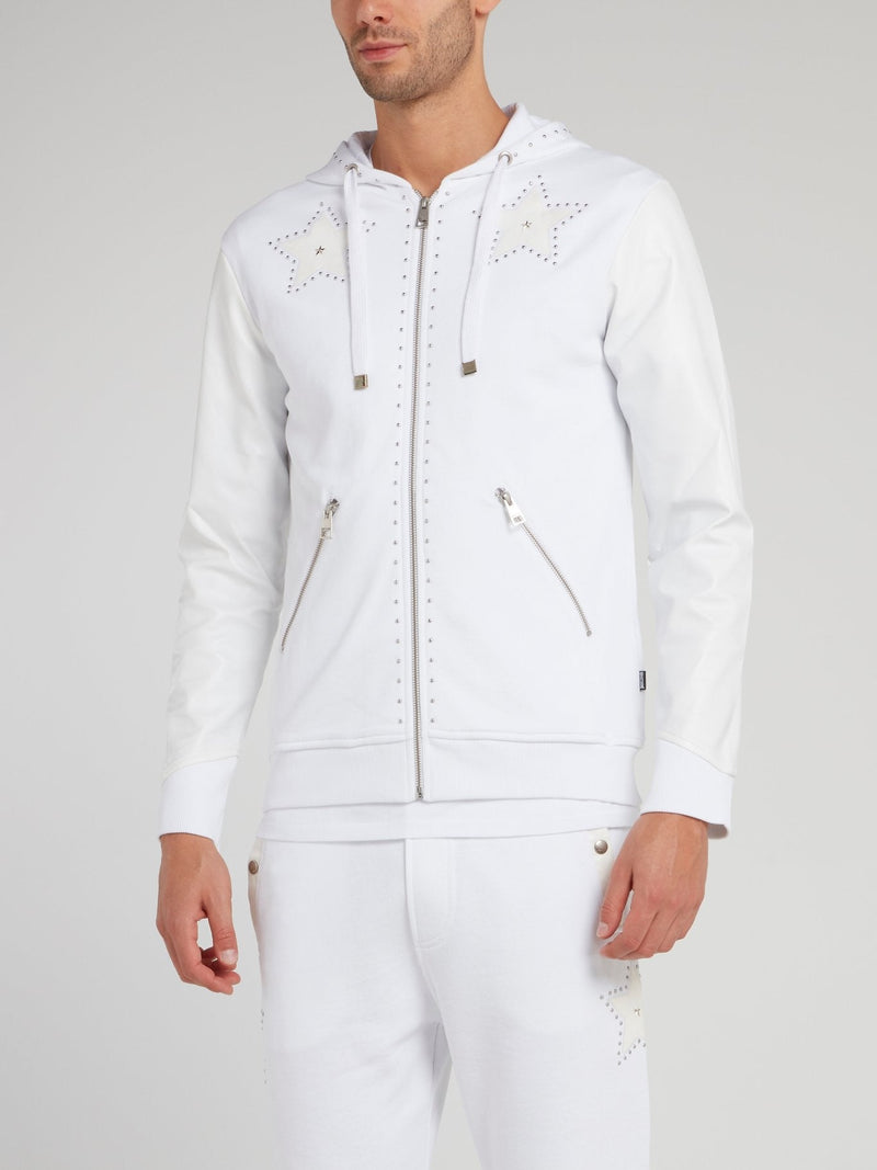 White Leather Sleeve Sweat Jacket