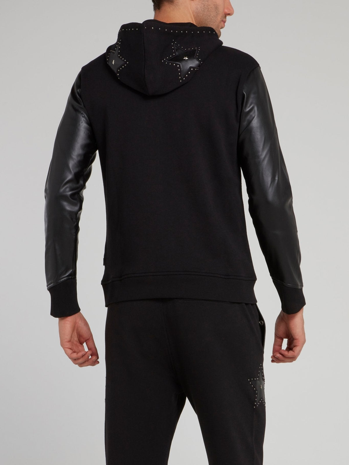 Black Leather Sleeve Sweat Jacket