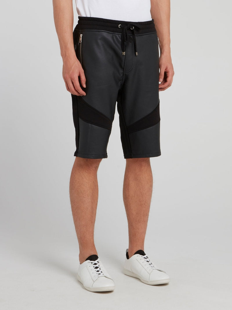 Black Drawstring Leather Panel Shorts