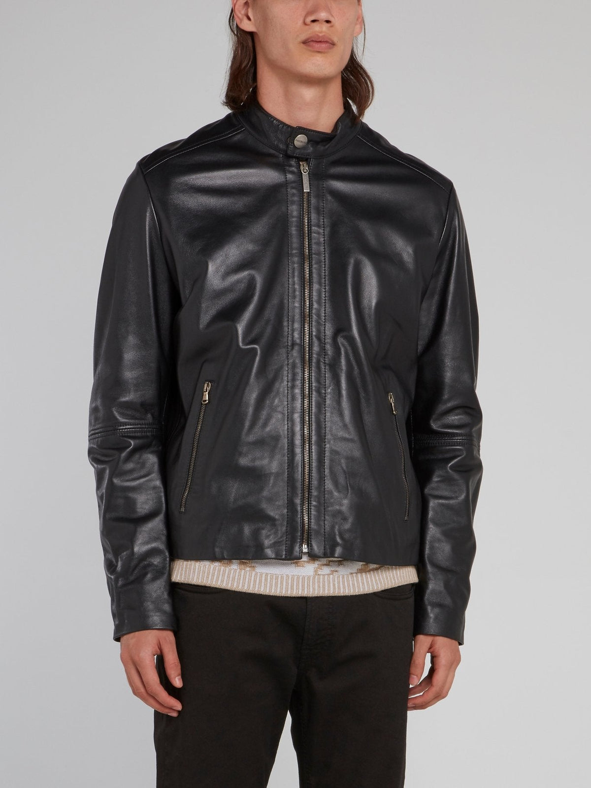 Black Clasp Neck Leather Jacket