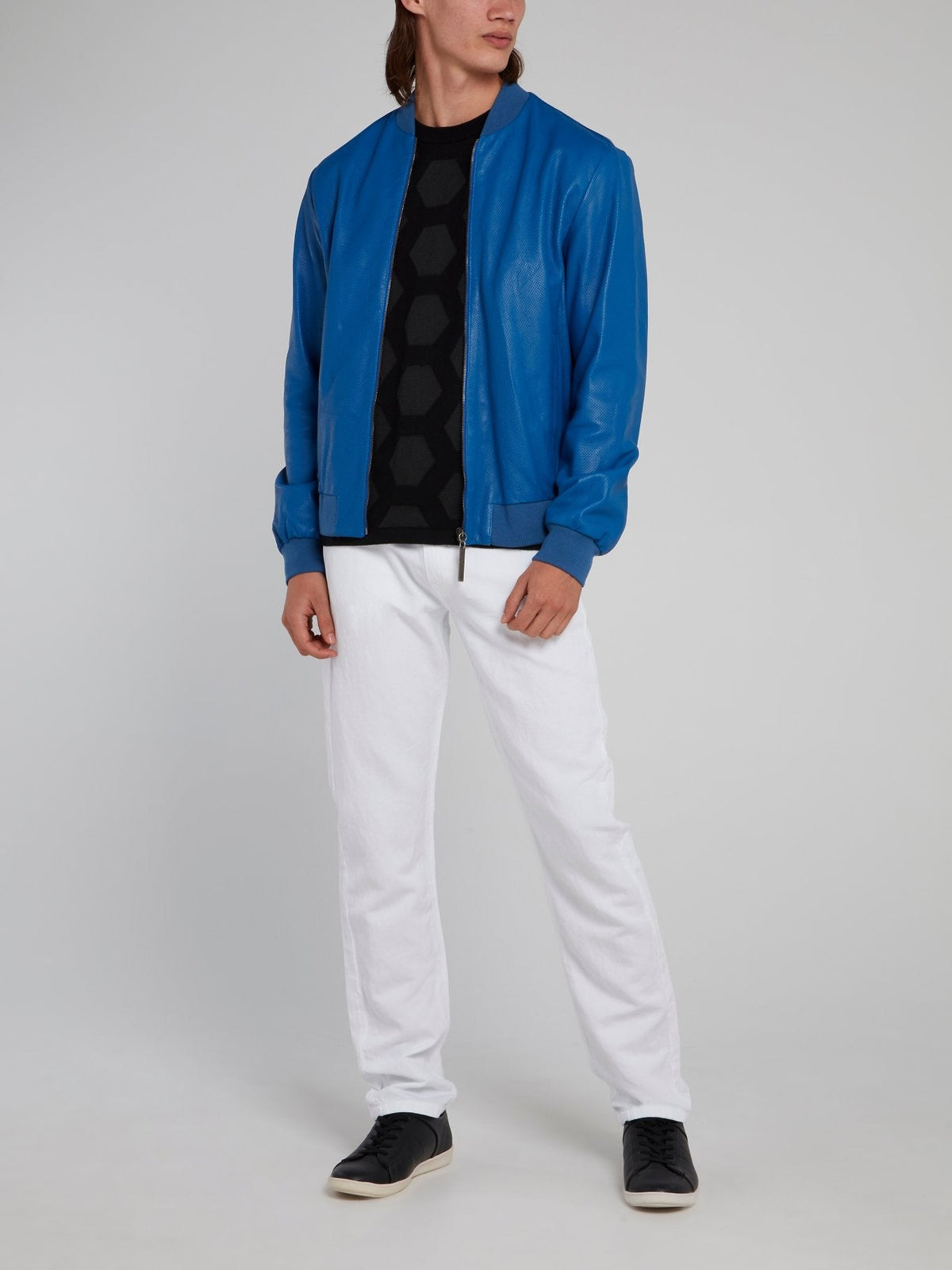 Blue Perforated Bomber Jacket