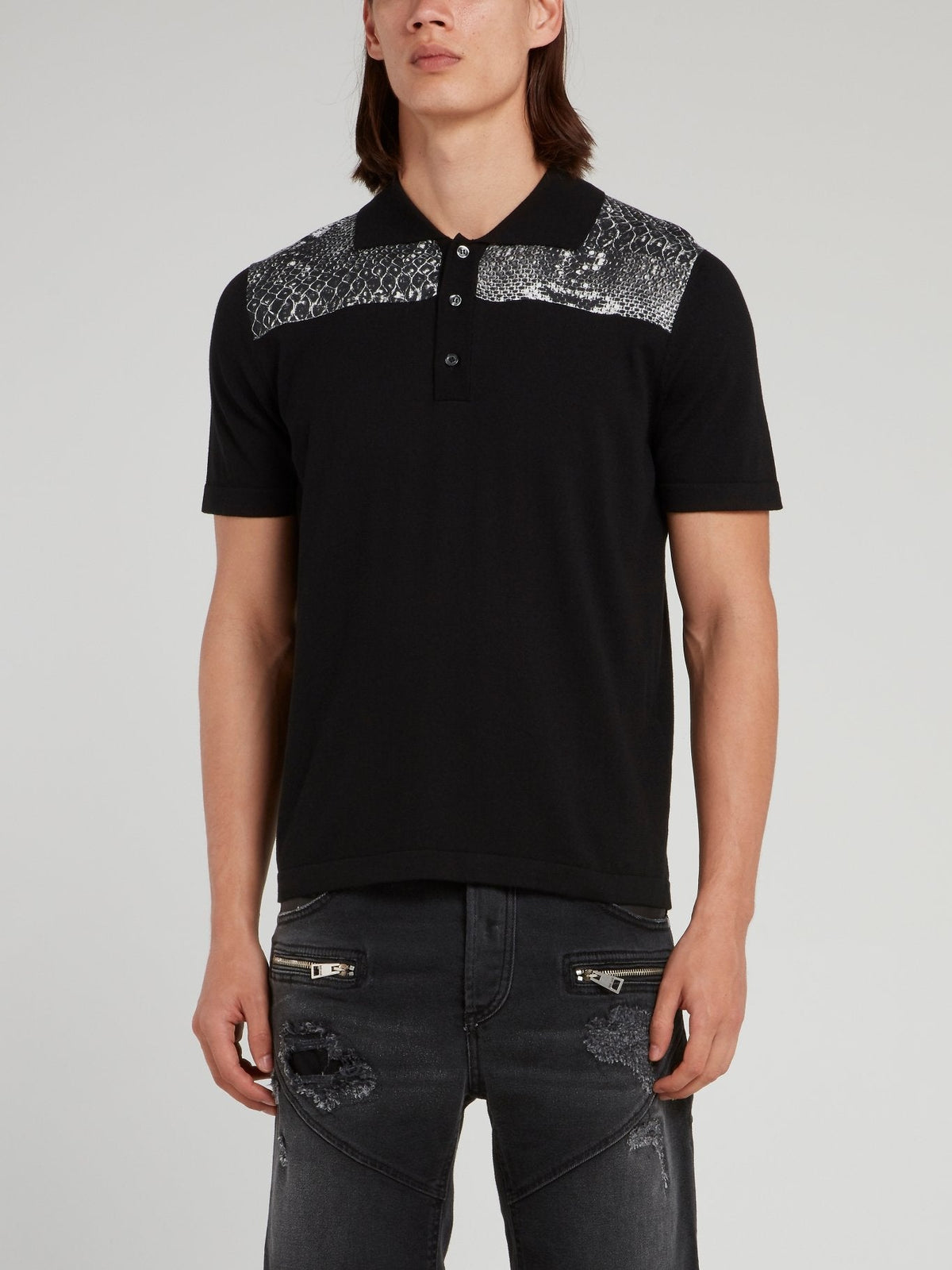 Black Snake Print Panel Polo Shirt