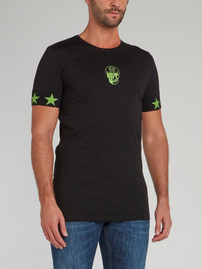 Black with Green Stars Skull T-Shirt