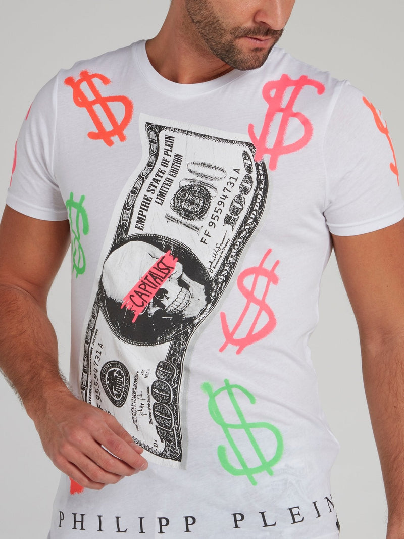 White Dollar Skull Print T-Shirt