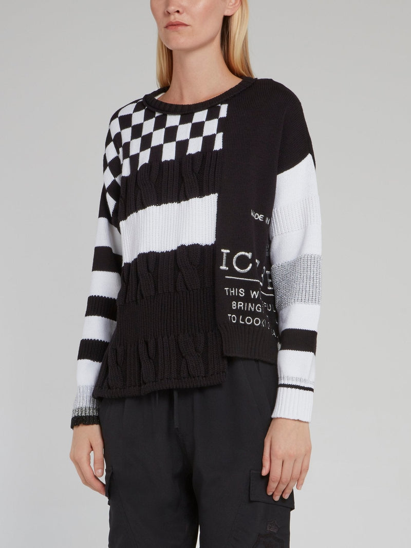 Black Check Panel Knitted Sweater