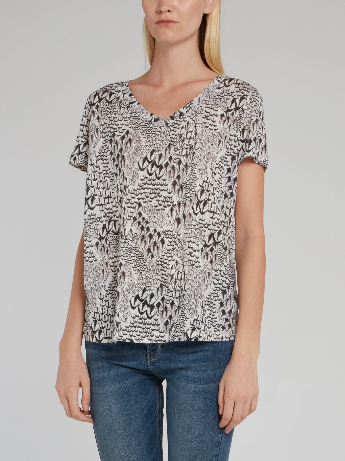 Printed V-Neck Linen T-Shirt