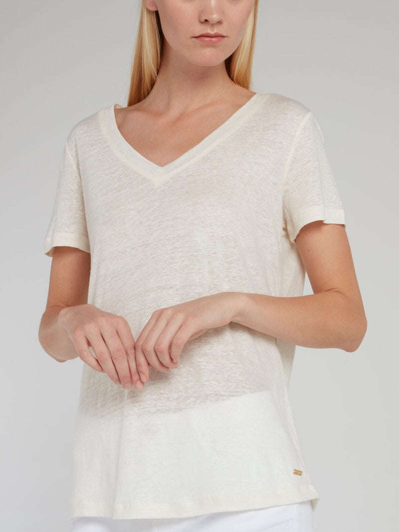 White V-Neck Linen T-Shirt