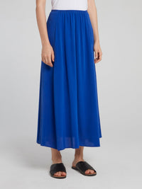 Blue Gathered Midi Skirt