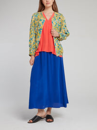 Blue Gathered Midi Skirt