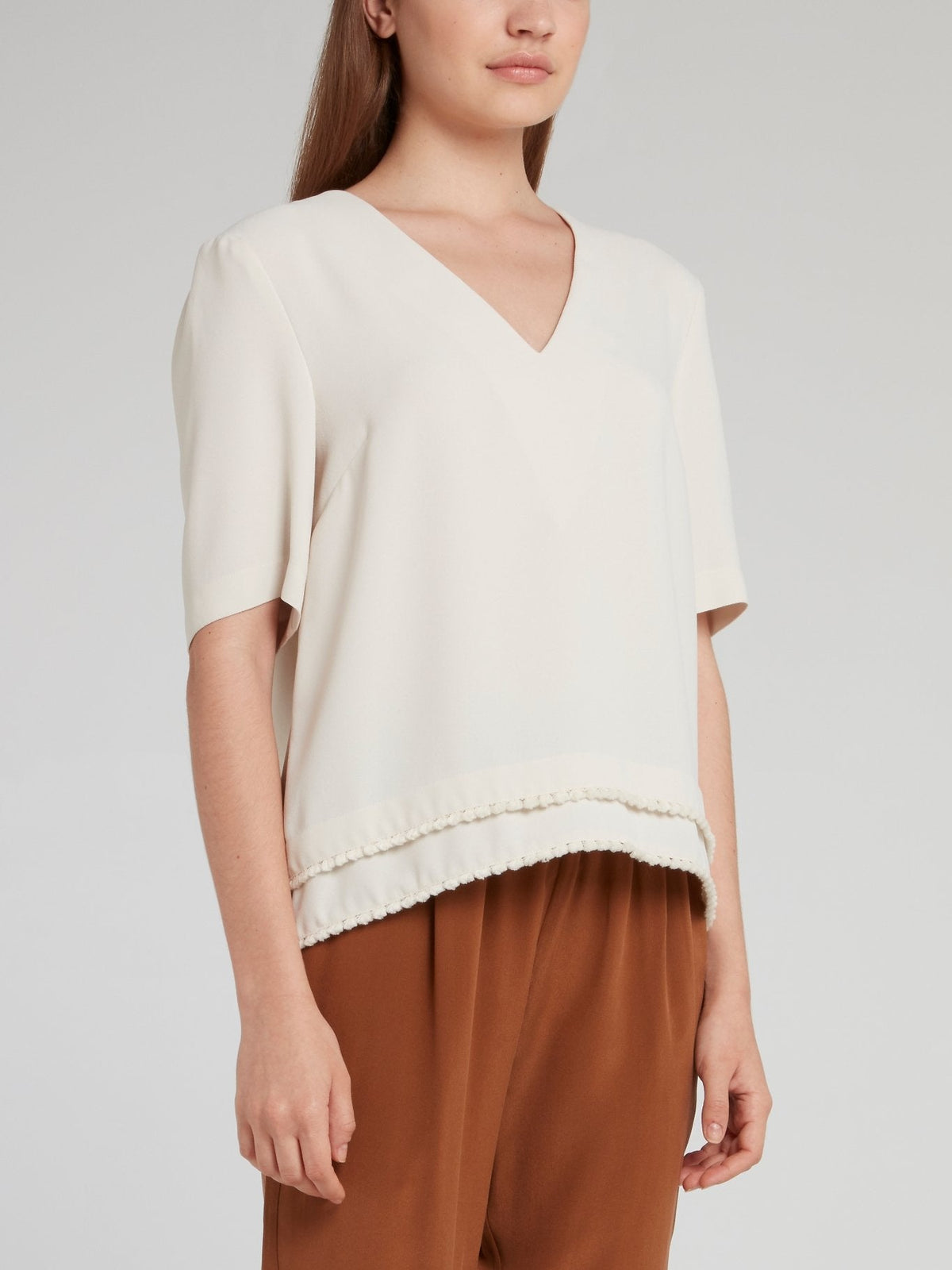 Beige V-Neck Half Sleeve Top