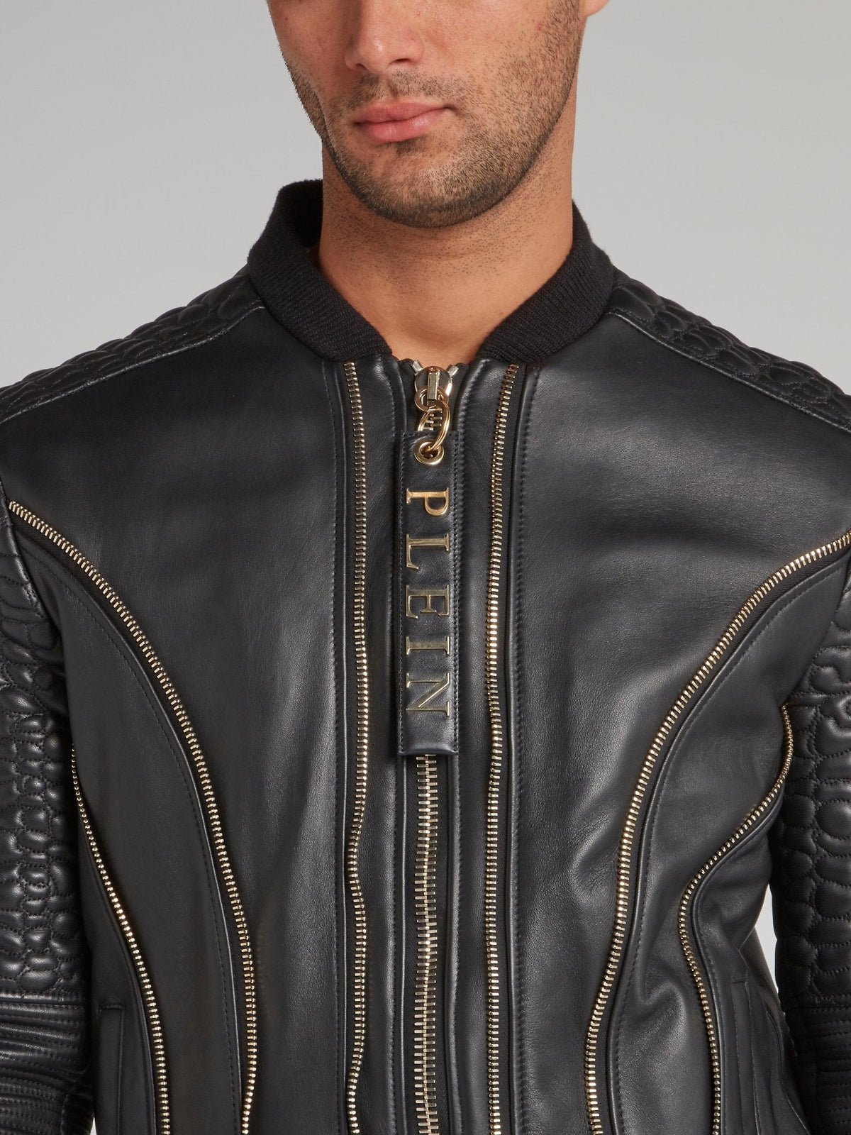 Black Crocodile Effect Leather Bomber Jacket